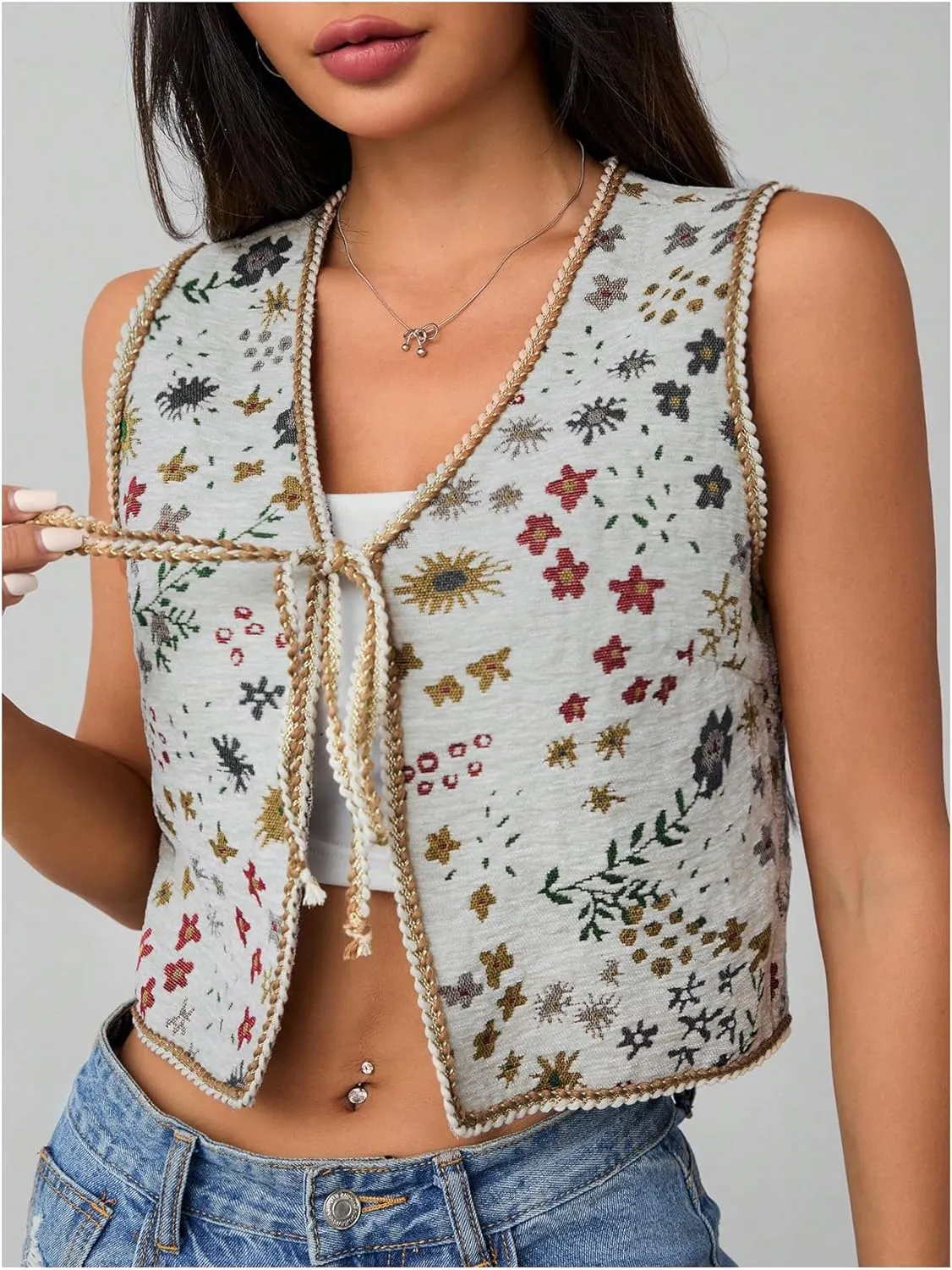 SweatyRocks Women's Floral Print Vest Tie Front V Neck Sleeveless Crop Vest Outerwear