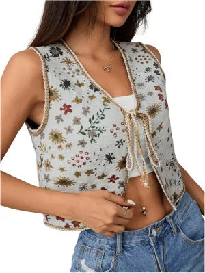 SweatyRocks Women's Floral Print Vest Tie Front V Neck Sleeveless Crop Vest Outerwear