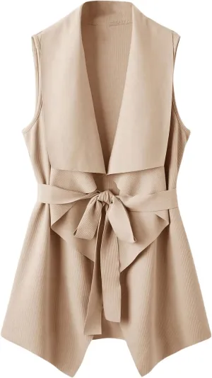 SweatyRocks Women's Lapel Open Front Long Vest Cardigan Sleeveless Belted Work Jacket Outerwear