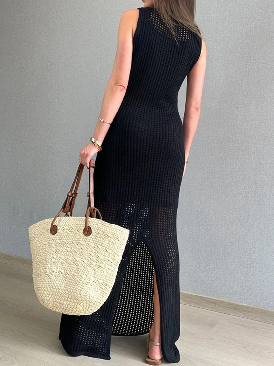 Swimsuit Cover-Up Openwork Slit Round Neck Cover-Up