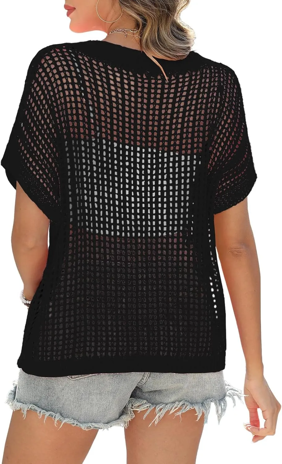 Swimsuit Coverup for Women Beach Vacation Clothes Spring Summer Scoop Neck Short Sleeve Sweaters Casual Crochet Knit Tops