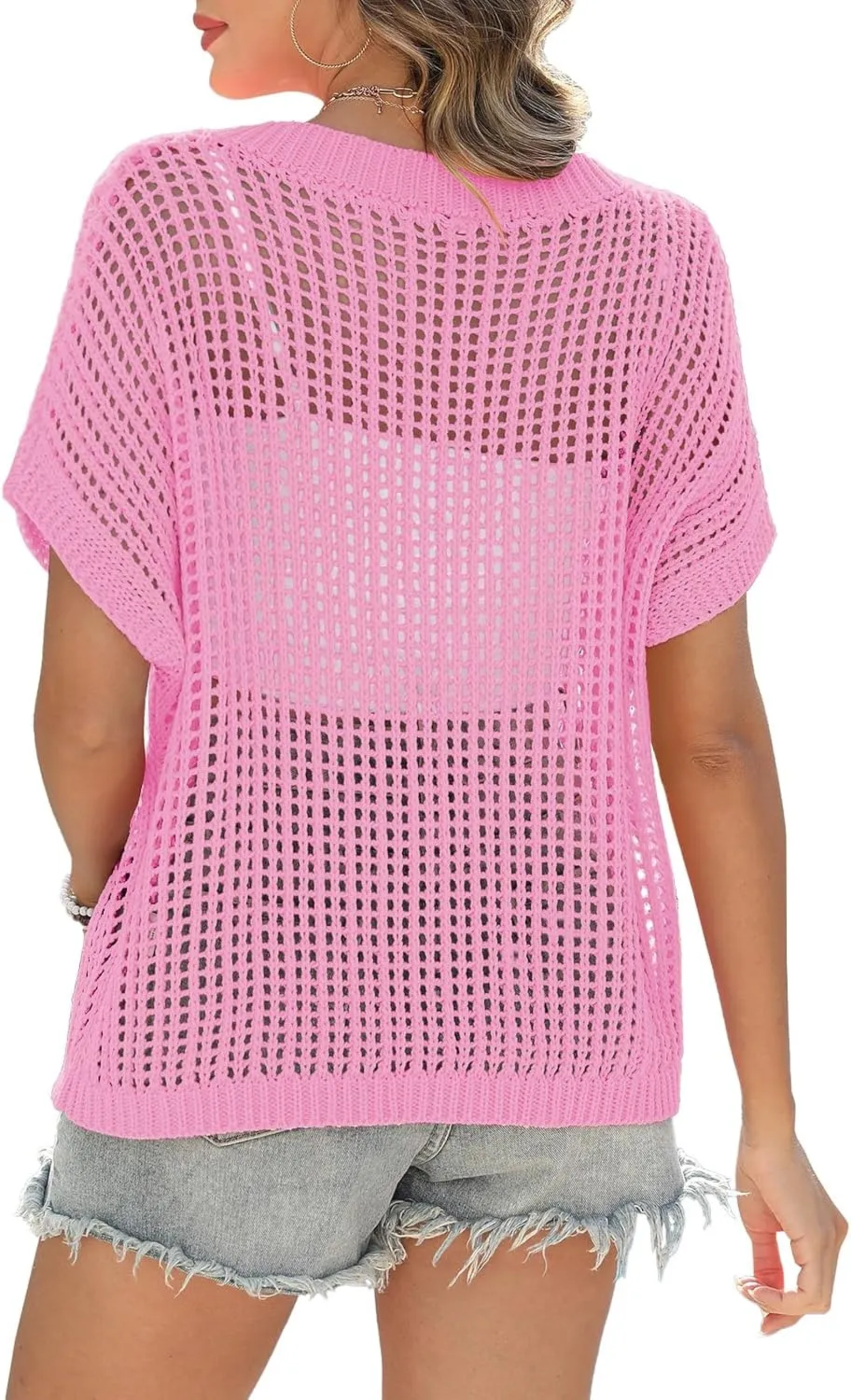 Swimsuit Coverup for Women Beach Vacation Clothes Spring Summer Scoop Neck Short Sleeve Sweaters Casual Crochet Knit Tops