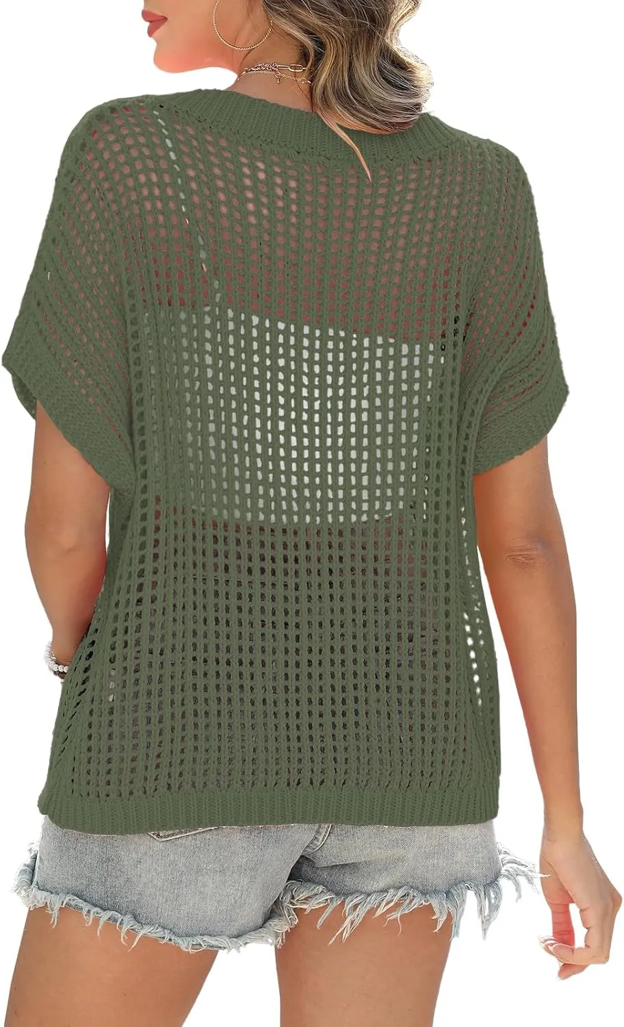 Swimsuit Coverup for Women Beach Vacation Clothes Spring Summer Scoop Neck Short Sleeve Sweaters Casual Crochet Knit Tops