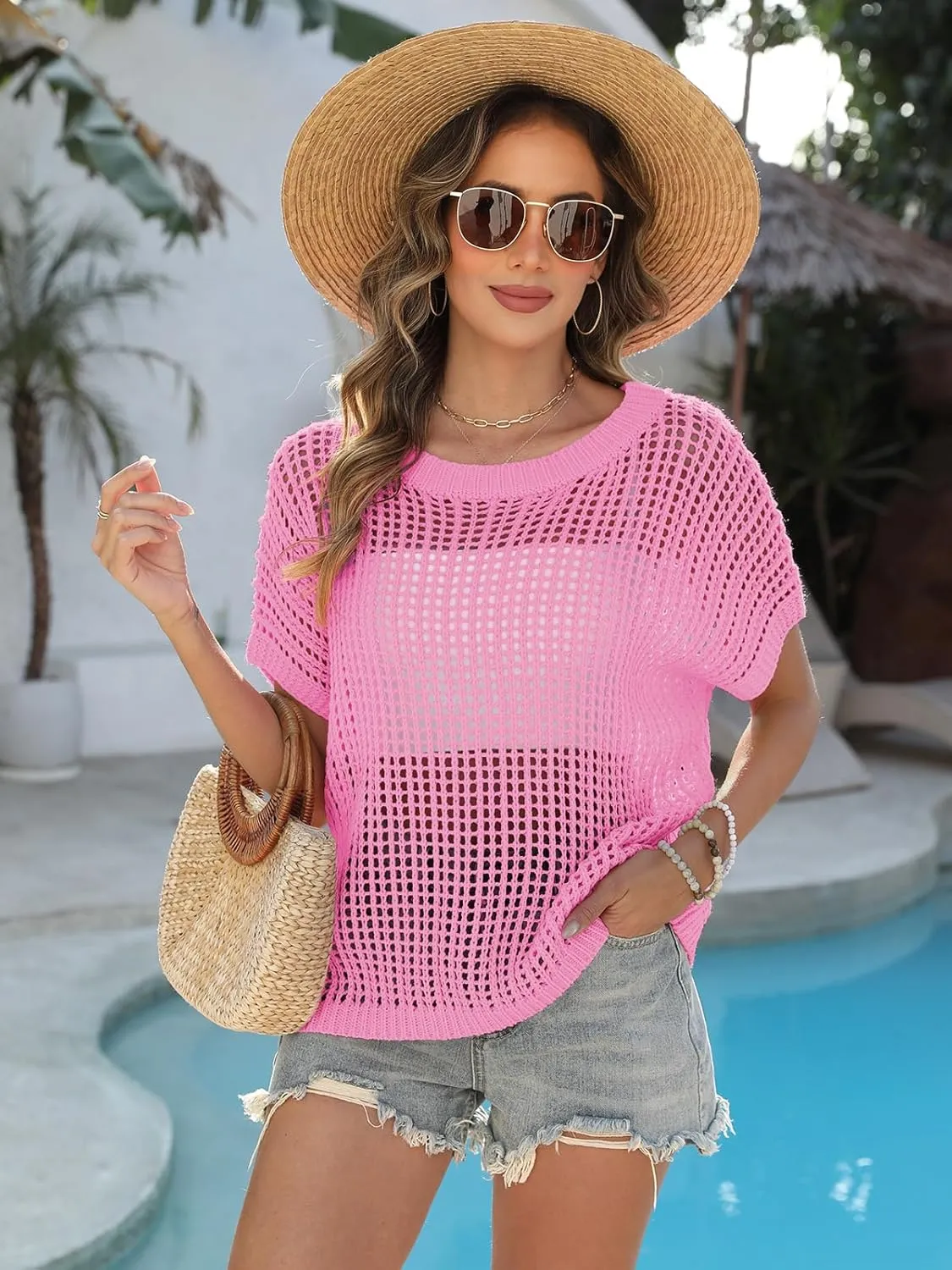 Swimsuit Coverup for Women Beach Vacation Clothes Spring Summer Scoop Neck Short Sleeve Sweaters Casual Crochet Knit Tops