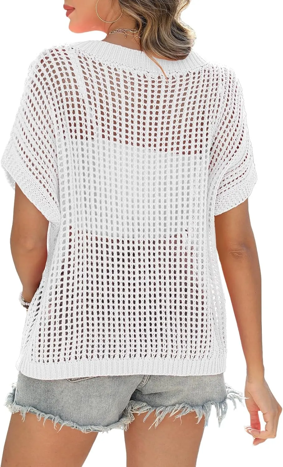 Swimsuit Coverup for Women Beach Vacation Clothes Spring Summer Scoop Neck Short Sleeve Sweaters Casual Crochet Knit Tops