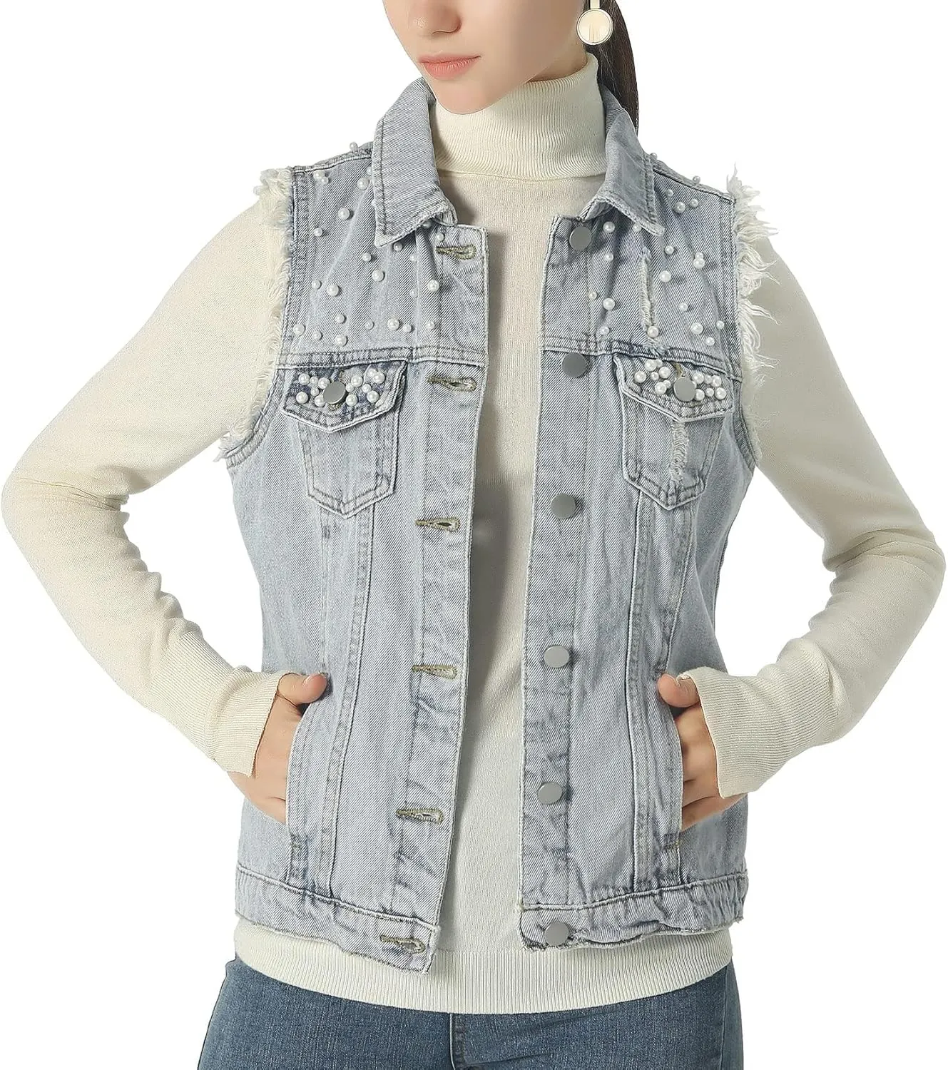 sysinside Women's Candy Color Slim Fit Distressed Denim Vest Frayed Raws Sleeveless Jacket