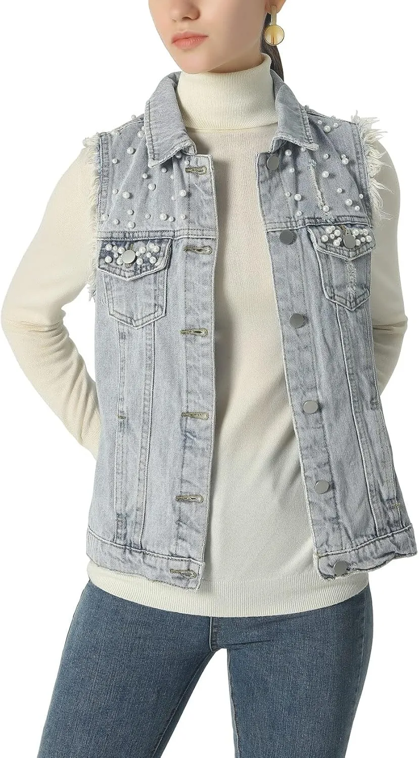 sysinside Women's Candy Color Slim Fit Distressed Denim Vest Frayed Raws Sleeveless Jacket