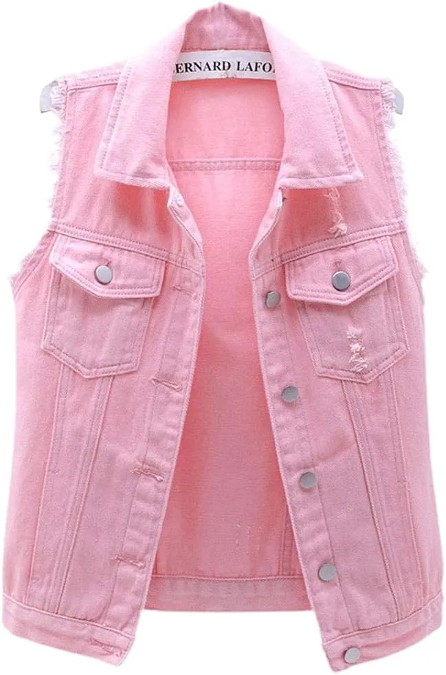 sysinside Women's Candy Color Slim Fit Distressed Denim Vest Frayed Raws Sleeveless Jacket