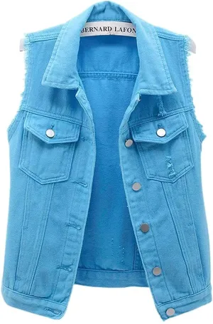 sysinside Women's Candy Color Slim Fit Distressed Denim Vest Frayed Raws Sleeveless Jacket
