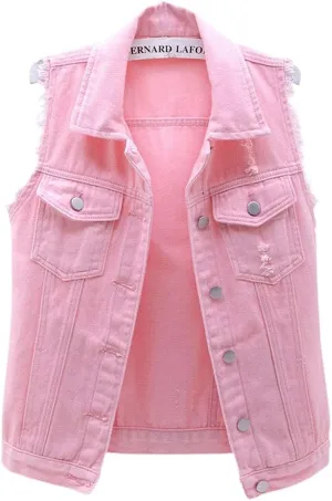 sysinside Women's Candy Color Slim Fit Distressed Denim Vest Frayed Raws Sleeveless Jacket