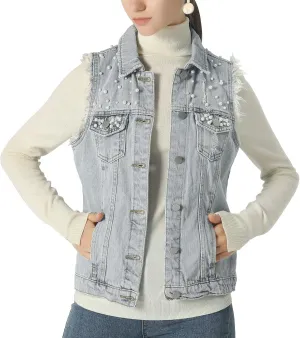 sysinside Women's Candy Color Slim Fit Distressed Denim Vest Frayed Raws Sleeveless Jacket