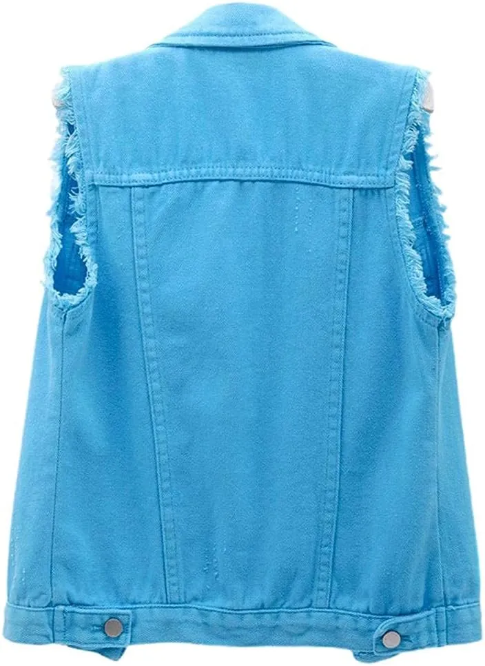 sysinside Women's Candy Color Slim Fit Distressed Denim Vest Frayed Raws Sleeveless Jacket