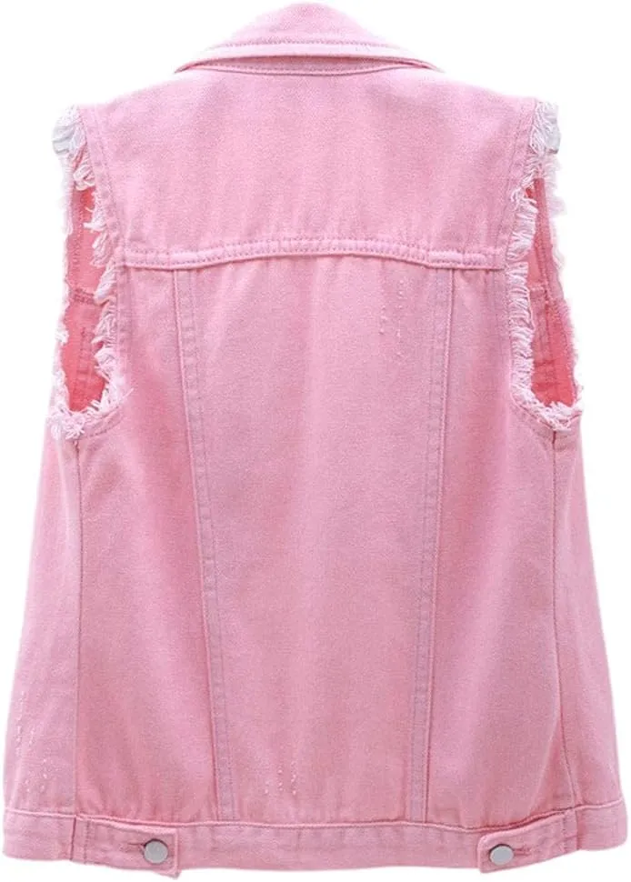 sysinside Women's Candy Color Slim Fit Distressed Denim Vest Frayed Raws Sleeveless Jacket
