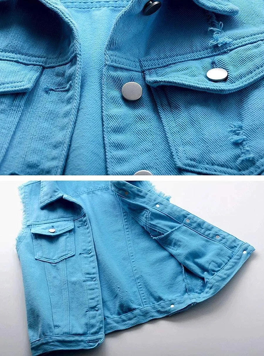 sysinside Women's Candy Color Slim Fit Distressed Denim Vest Frayed Raws Sleeveless Jacket