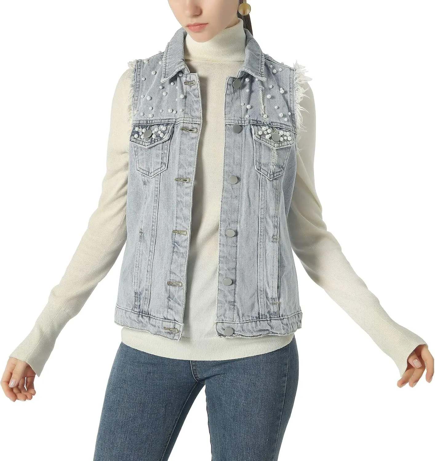 sysinside Women's Candy Color Slim Fit Distressed Denim Vest Frayed Raws Sleeveless Jacket