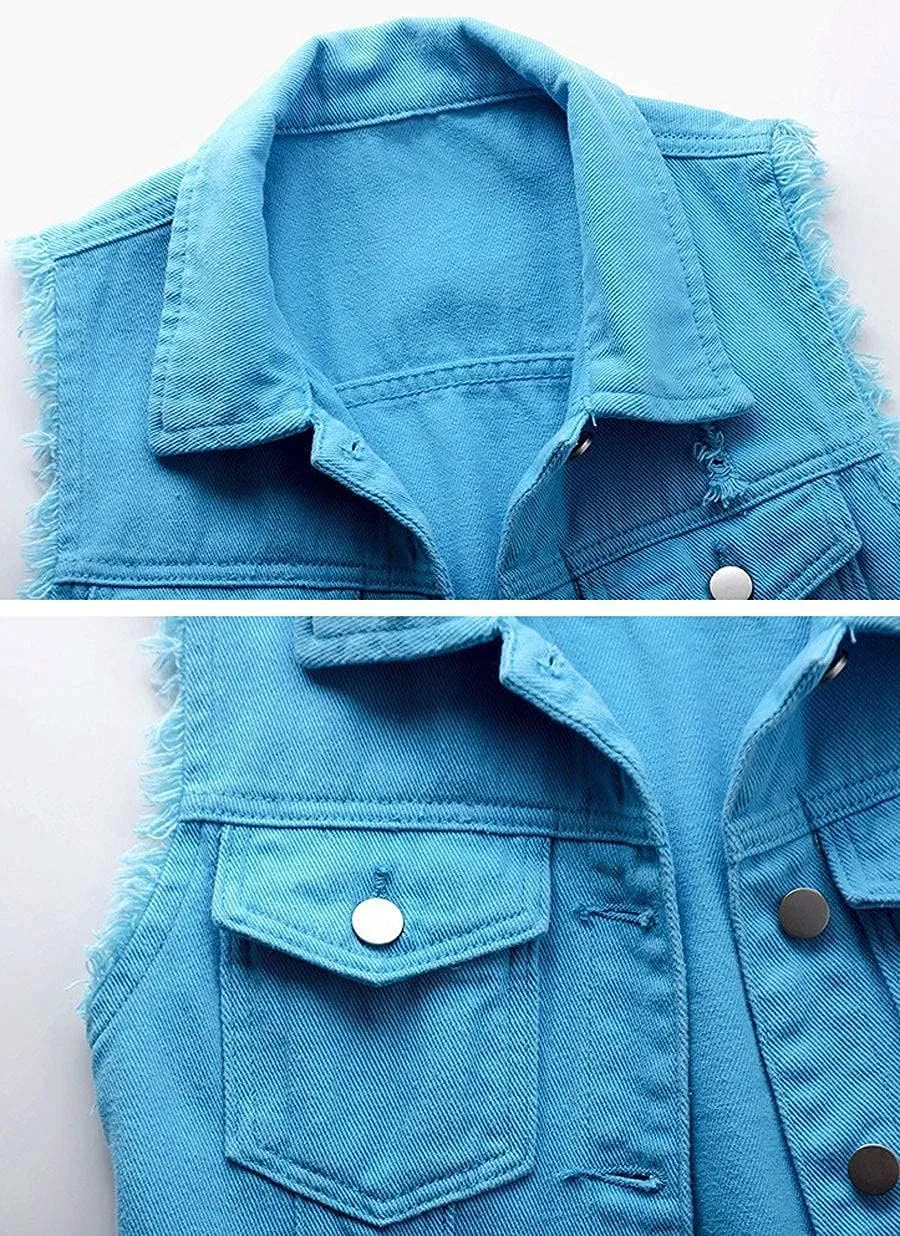 sysinside Women's Candy Color Slim Fit Distressed Denim Vest Frayed Raws Sleeveless Jacket