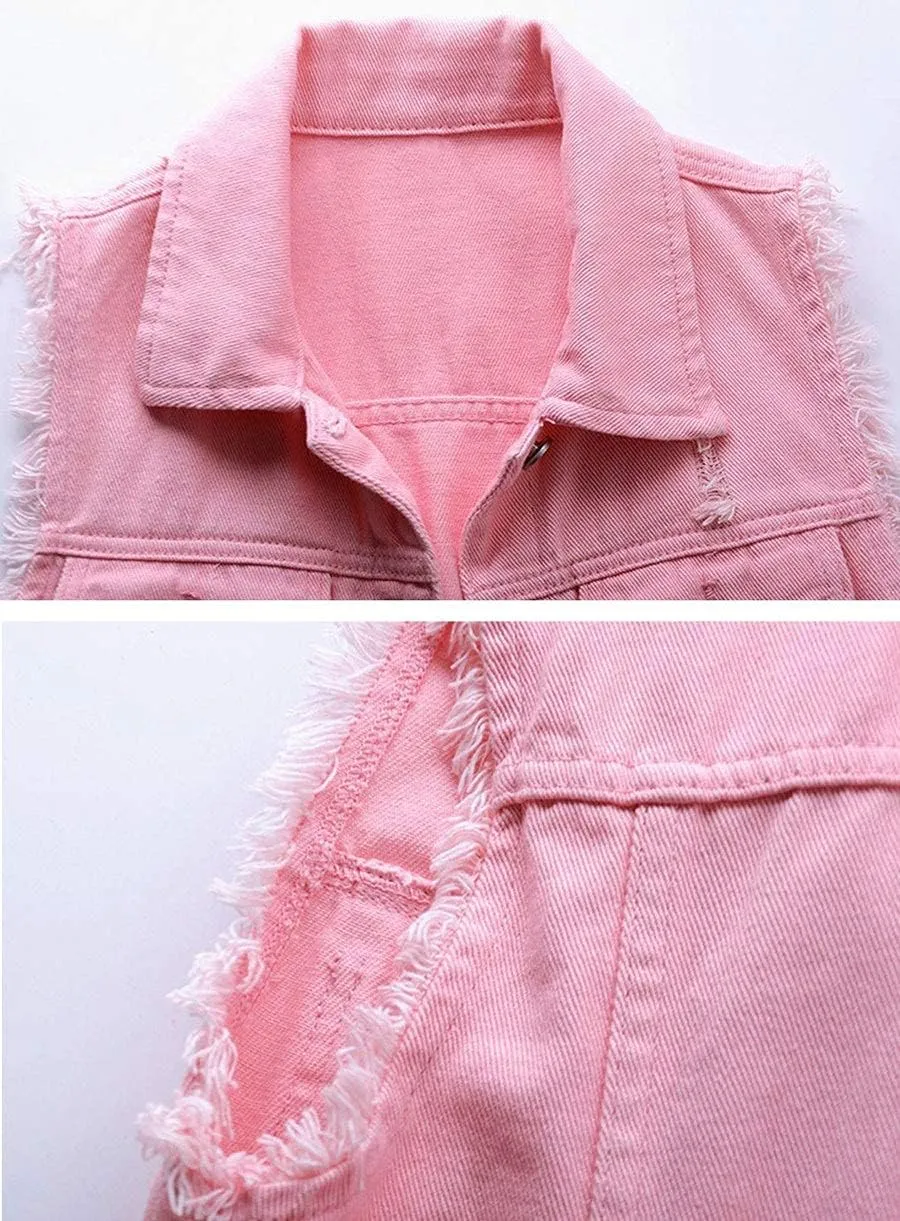 sysinside Women's Candy Color Slim Fit Distressed Denim Vest Frayed Raws Sleeveless Jacket