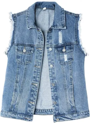 sysinside Women's Candy Color Slim Fit Distressed Denim Vest Frayed Raws Sleeveless Jacket