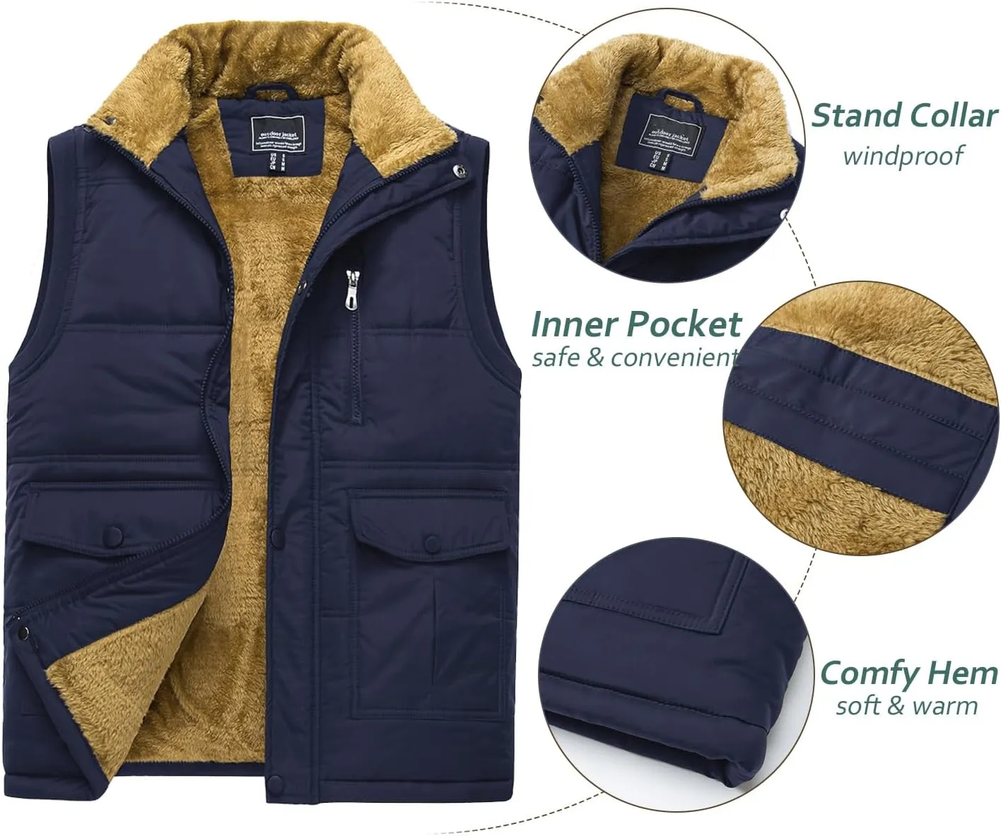 TACVASEN Men's Winter Vests Sleeveless Jackets Casual Outerwear Warm Fleece Lined Stand Collar Padded Coat