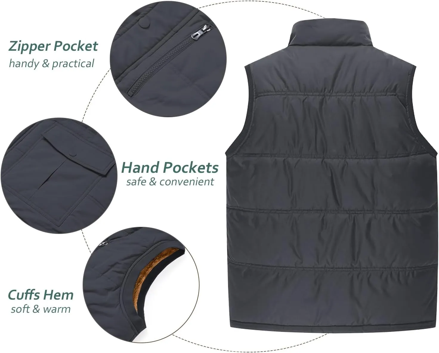 TACVASEN Men's Winter Vests Sleeveless Jackets Casual Outerwear Warm Fleece Lined Stand Collar Padded Coat