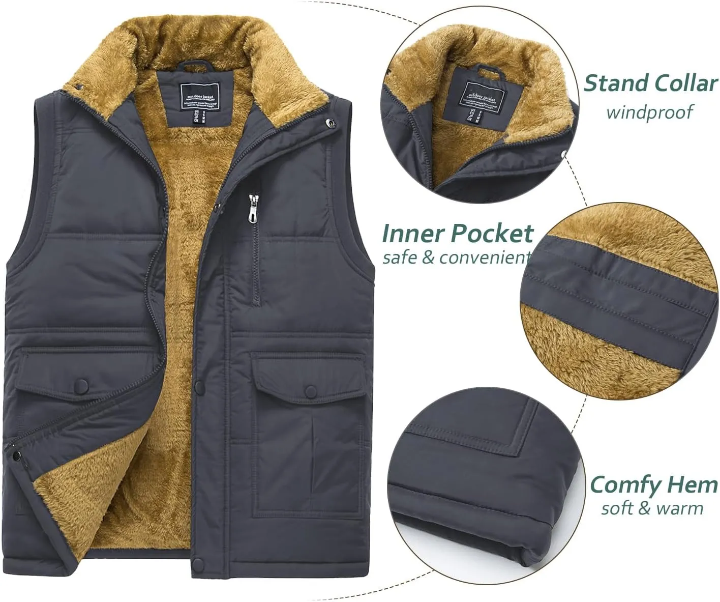 TACVASEN Men's Winter Vests Sleeveless Jackets Casual Outerwear Warm Fleece Lined Stand Collar Padded Coat