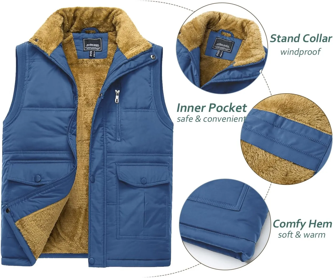 TACVASEN Men's Winter Vests Sleeveless Jackets Casual Outerwear Warm Fleece Lined Stand Collar Padded Coat