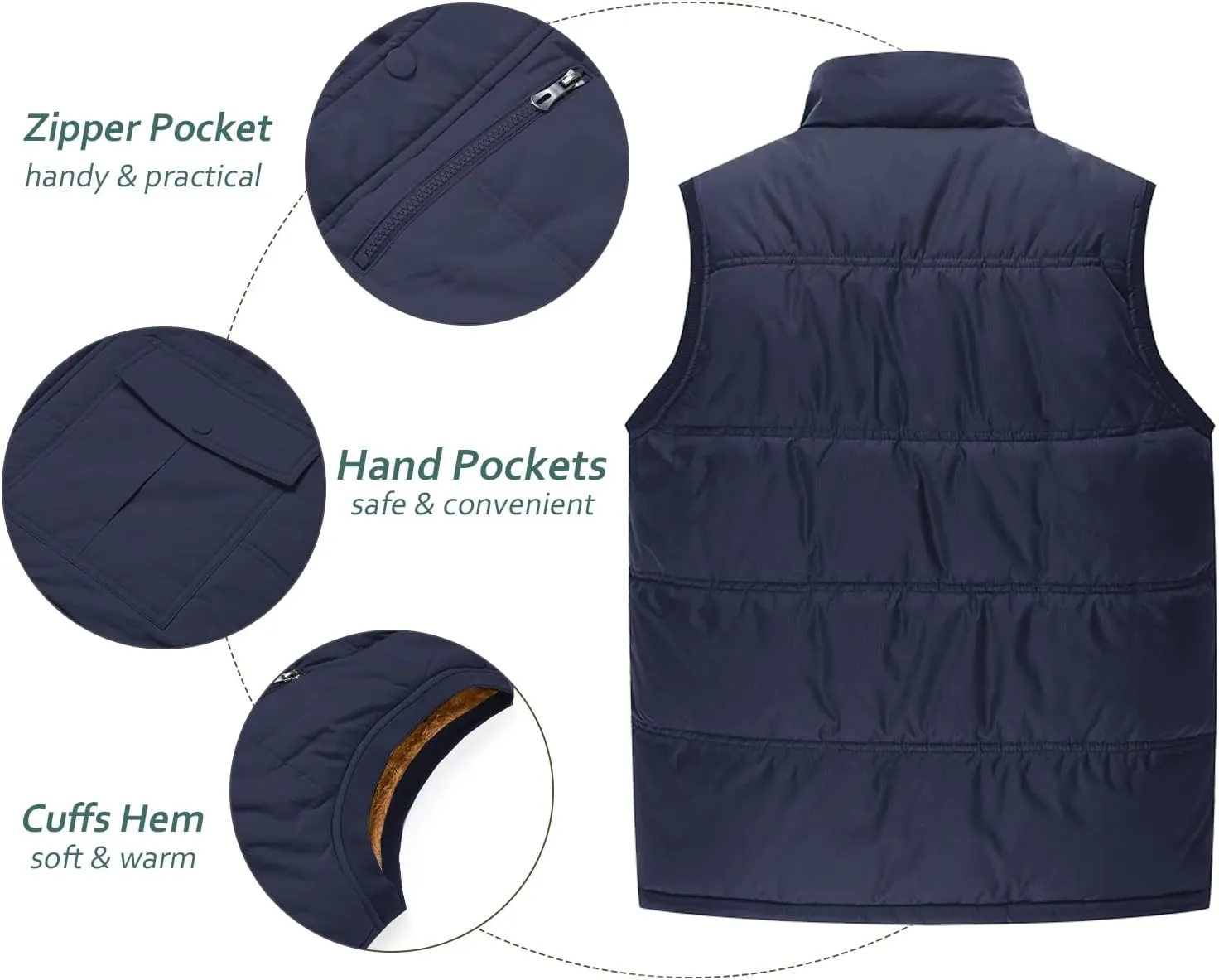TACVASEN Men's Winter Vests Sleeveless Jackets Casual Outerwear Warm Fleece Lined Stand Collar Padded Coat