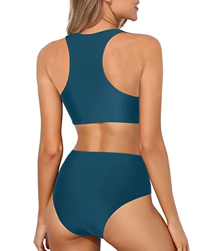 Tank Style Sporty High Waisted Bikini Set Full Coverage Bottom-Teal