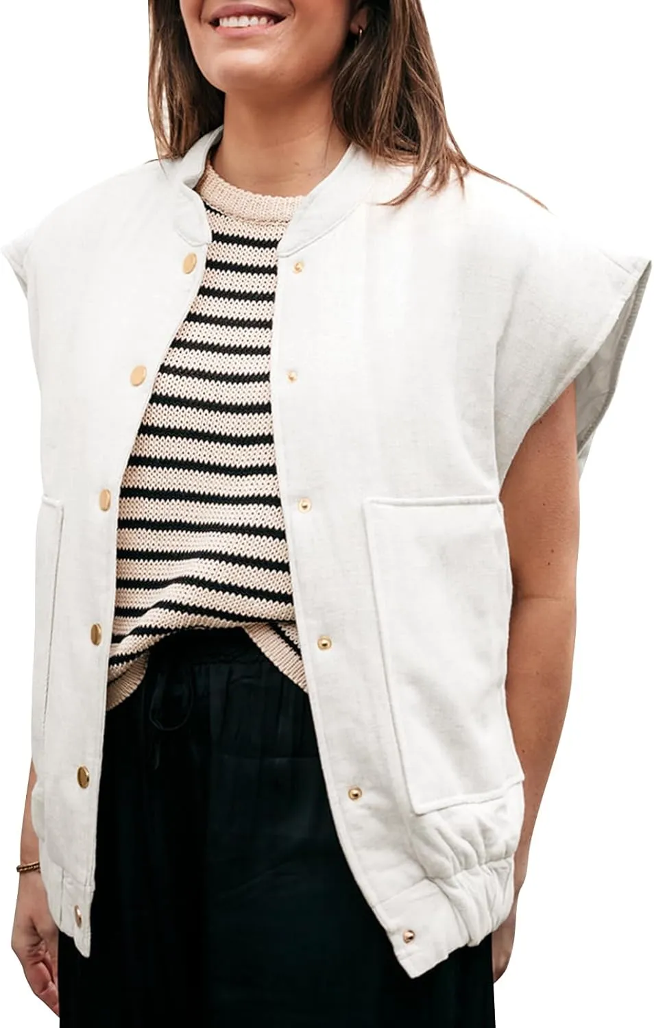 Tankaneo Womens Button Down Vests Outerwear Trendy Sleeveless Cap Sleeve Warm Winter Gilet Coats