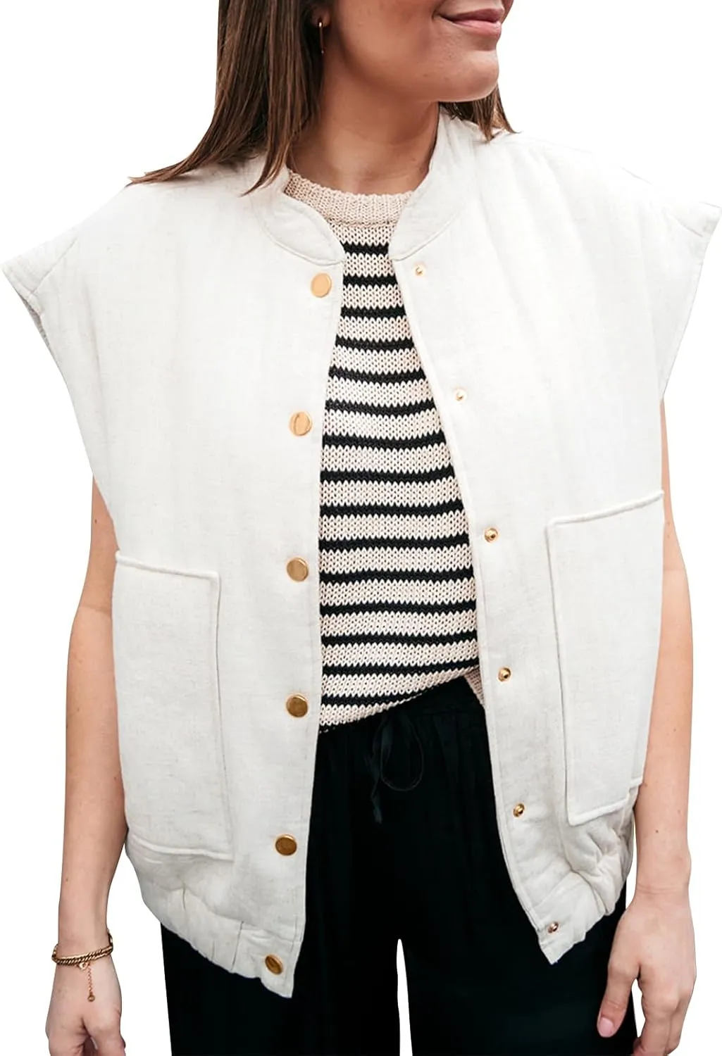 Tankaneo Womens Button Down Vests Outerwear Trendy Sleeveless Cap Sleeve Warm Winter Gilet Coats