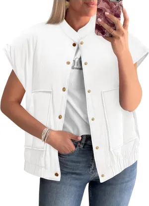 Tankaneo Womens Button Down Vests Outerwear Trendy Sleeveless Cap Sleeve Warm Winter Gilet Coats
