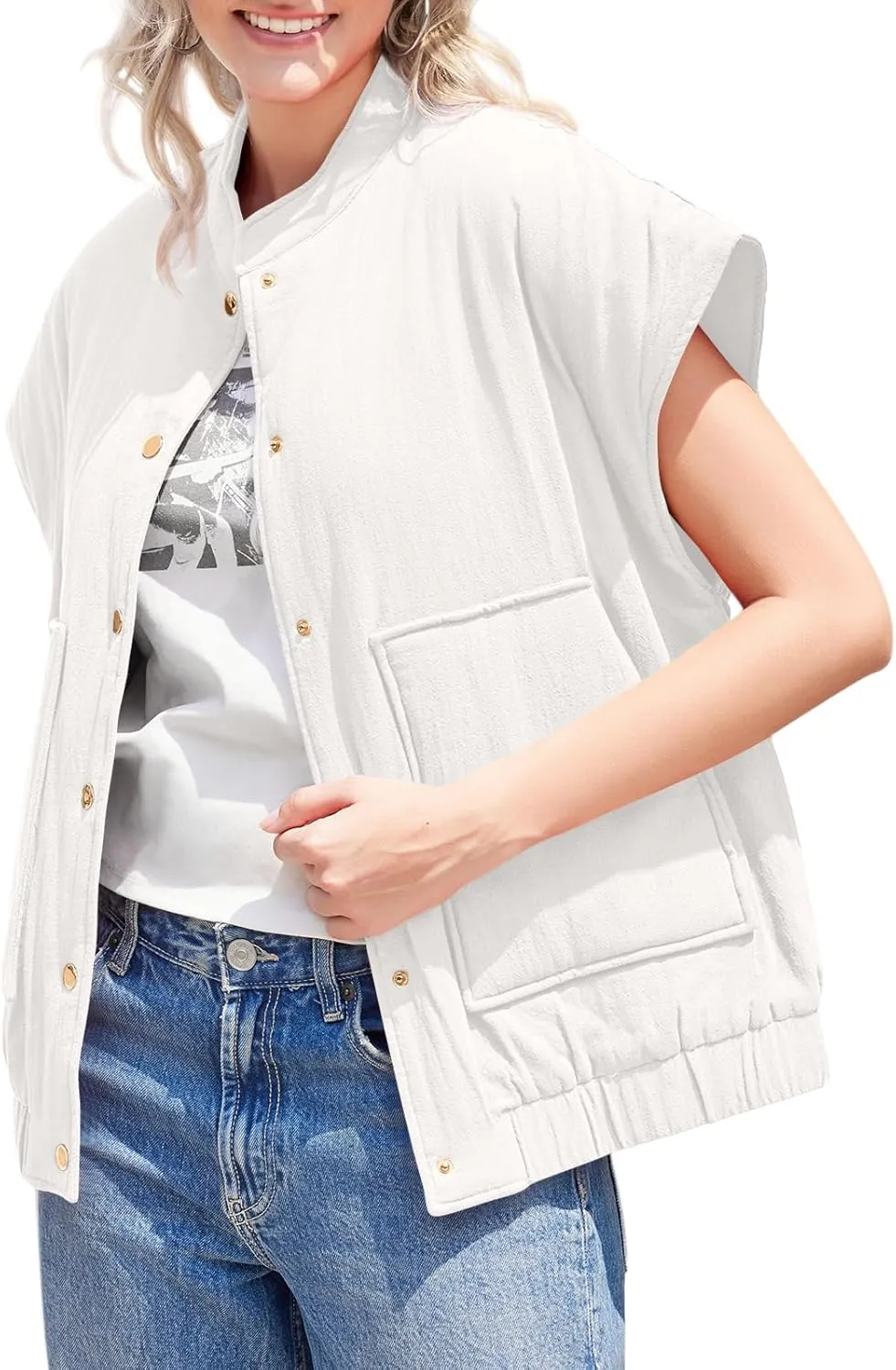 Tankaneo Womens Button Down Vests Outerwear Trendy Sleeveless Cap Sleeve Warm Winter Gilet Coats