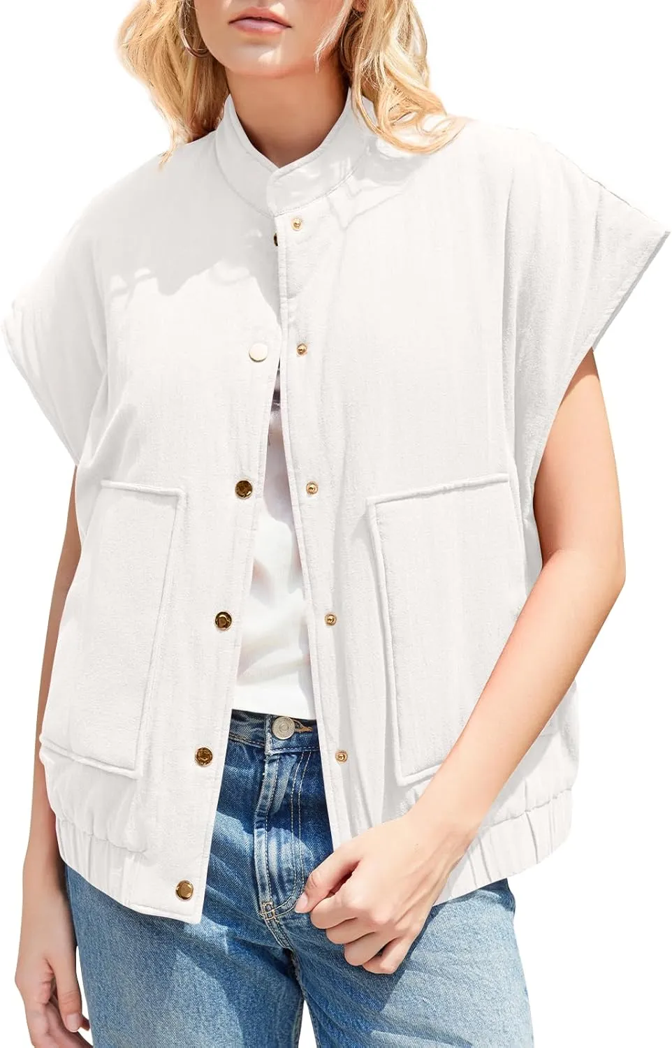 Tankaneo Womens Button Down Vests Outerwear Trendy Sleeveless Cap Sleeve Warm Winter Gilet Coats
