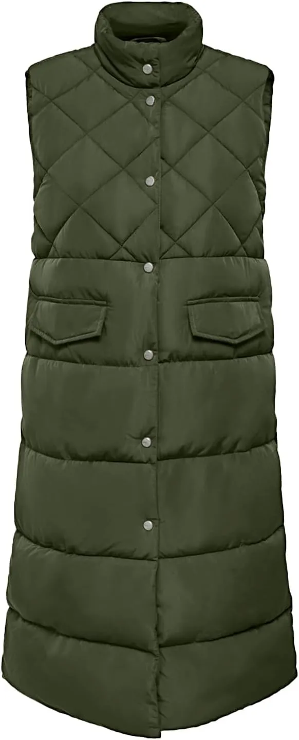 Tankaneo Women's Long Puffer Vest Cotton Stand Collar Button Sleeveless Puffy Jacket Outerwear