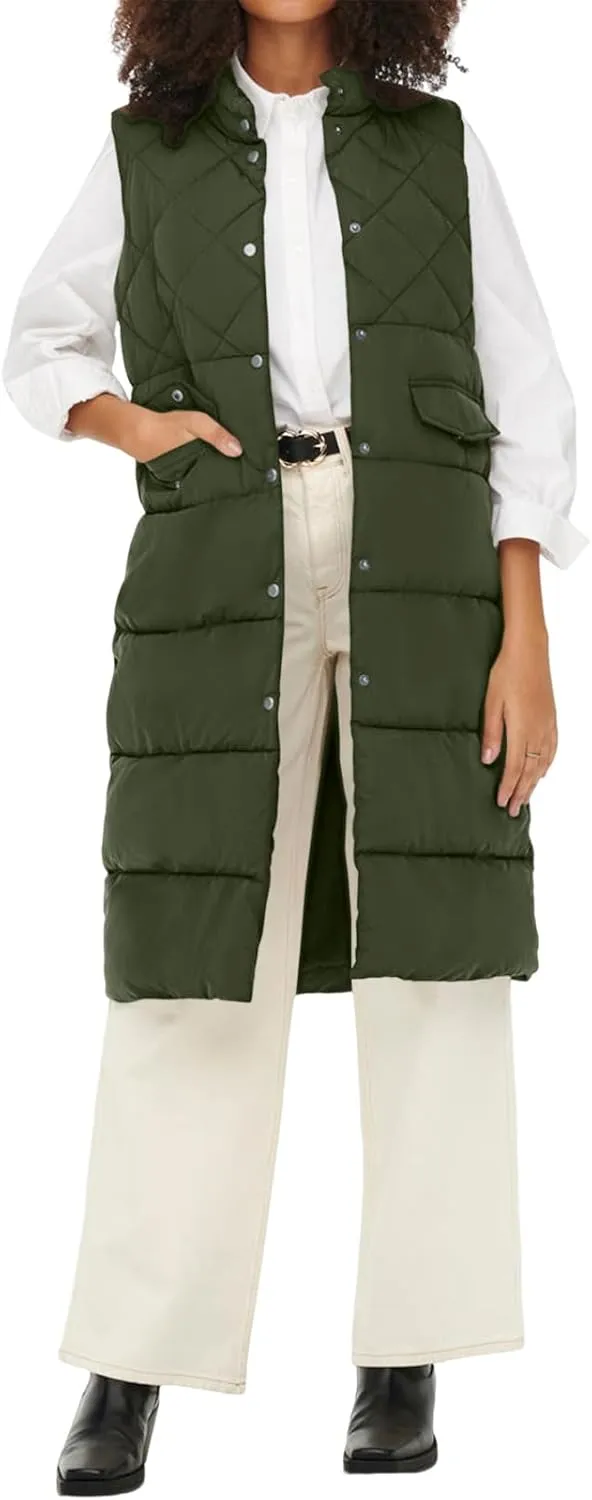 Tankaneo Women's Long Puffer Vest Cotton Stand Collar Button Sleeveless Puffy Jacket Outerwear