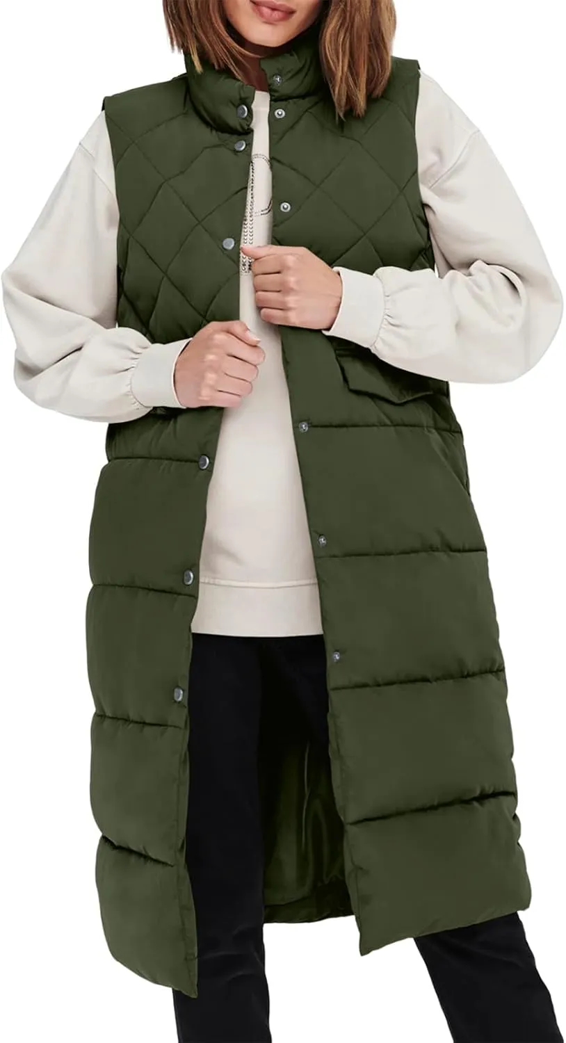 Tankaneo Women's Long Puffer Vest Cotton Stand Collar Button Sleeveless Puffy Jacket Outerwear