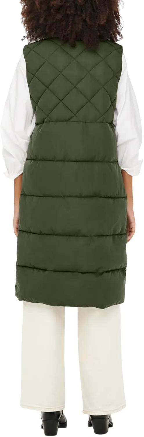 Tankaneo Women's Long Puffer Vest Cotton Stand Collar Button Sleeveless Puffy Jacket Outerwear