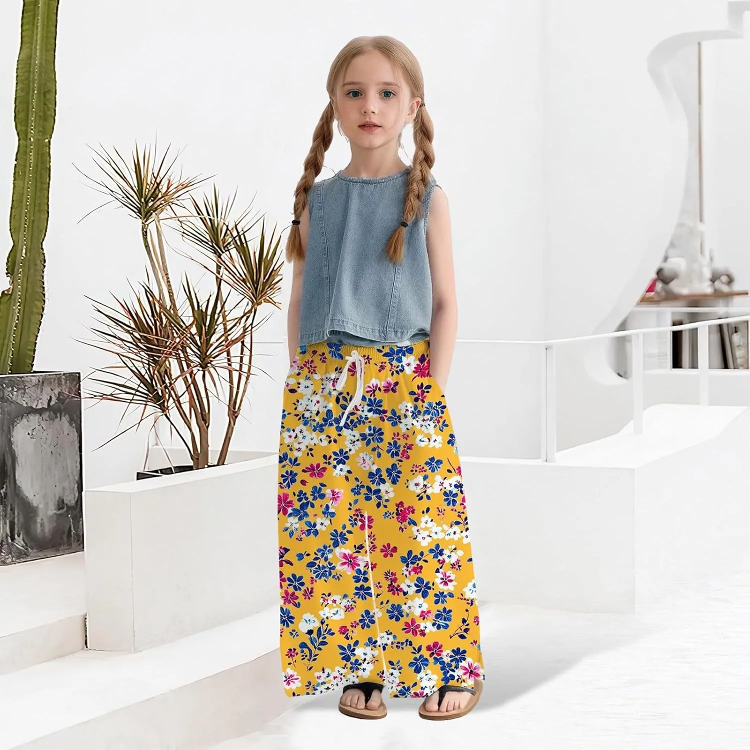 Teen Girls Floor Cute Pants Fall Casual Floral Graphic Palazzo Long Trousers Kids Drawstring Baggy Wide Leg Pants