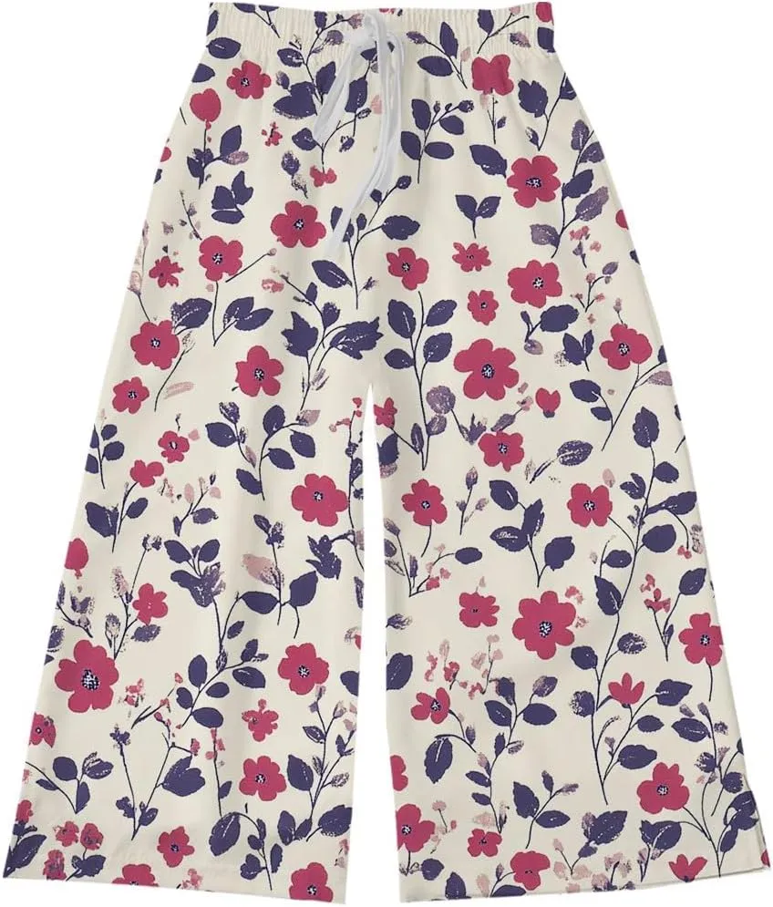 Teen Girls Floor Cute Pants Fall Casual Floral Graphic Palazzo Long Trousers Kids Drawstring Baggy Wide Leg Pants