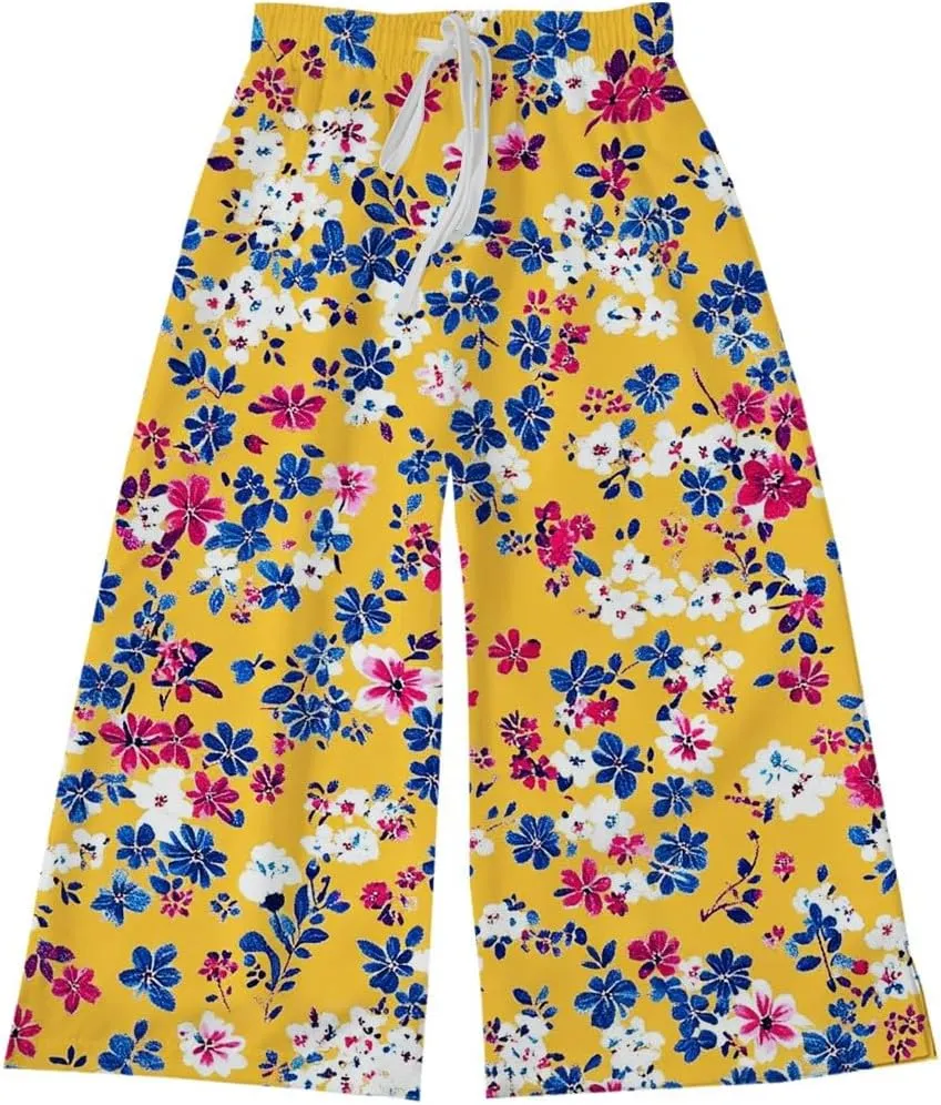 Teen Girls Floor Cute Pants Fall Casual Floral Graphic Palazzo Long Trousers Kids Drawstring Baggy Wide Leg Pants