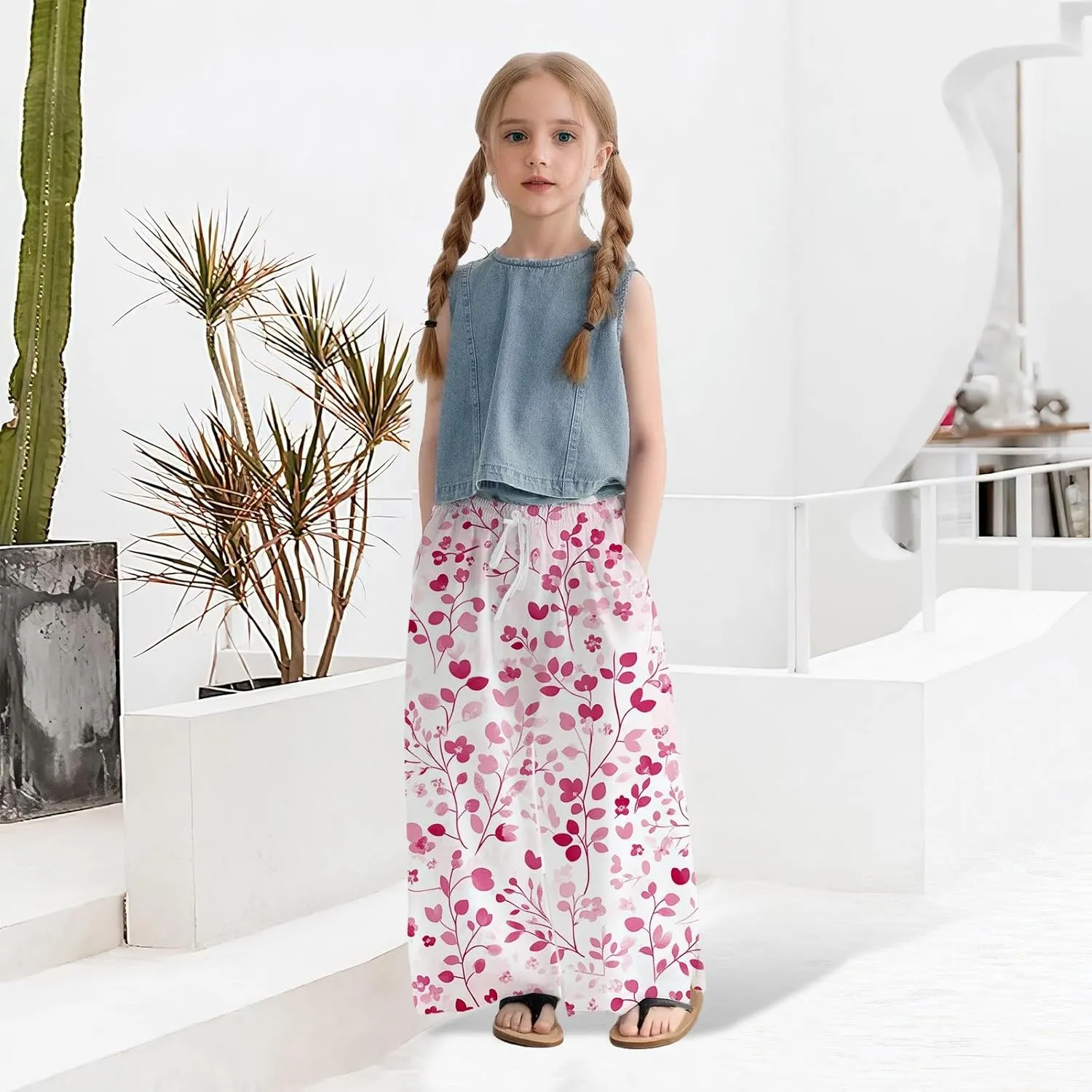Teen Girls Floor Cute Pants Fall Casual Floral Graphic Palazzo Long Trousers Kids Drawstring Baggy Wide Leg Pants