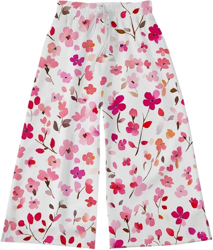 Teen Girls Floor Cute Pants Fall Casual Floral Graphic Palazzo Long Trousers Kids Drawstring Baggy Wide Leg Pants