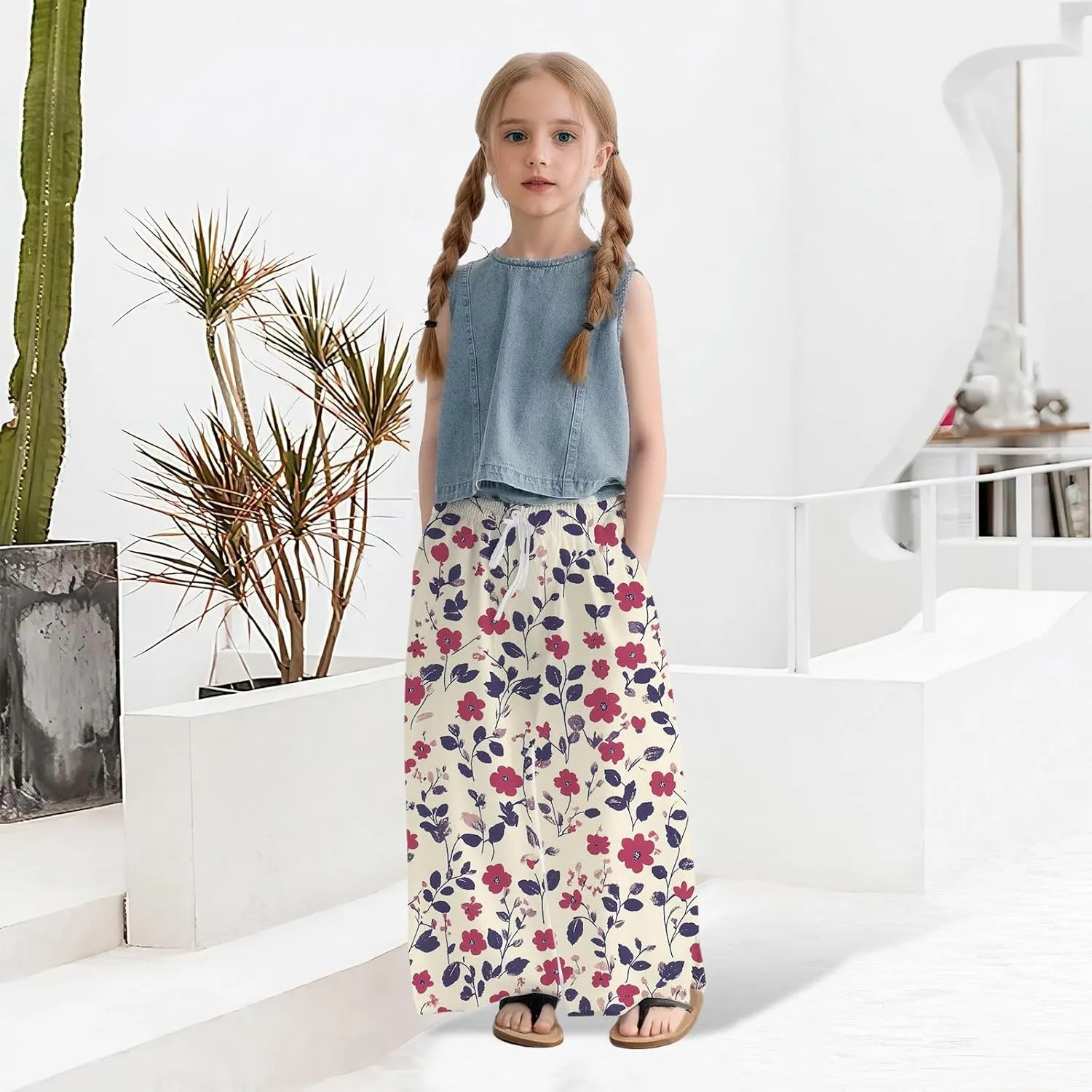 Teen Girls Floor Cute Pants Fall Casual Floral Graphic Palazzo Long Trousers Kids Drawstring Baggy Wide Leg Pants