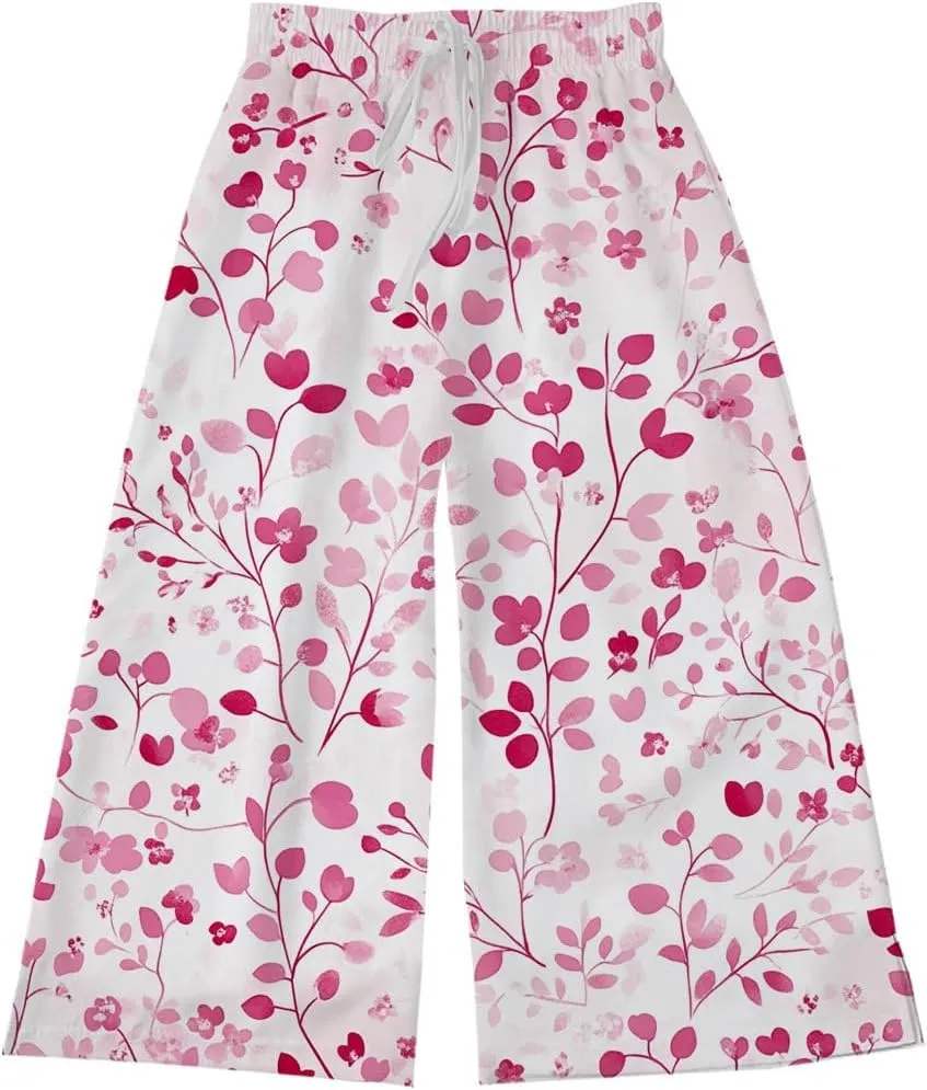 Teen Girls Floor Cute Pants Fall Casual Floral Graphic Palazzo Long Trousers Kids Drawstring Baggy Wide Leg Pants