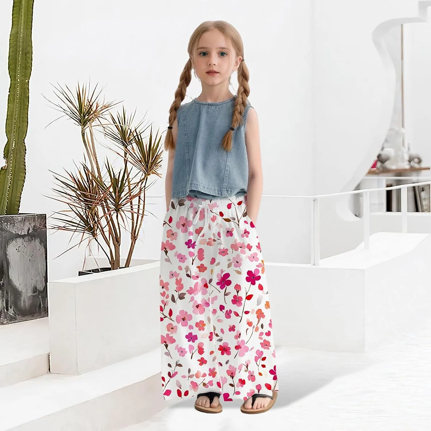 Teen Girls Floor Cute Pants Fall Casual Floral Graphic Palazzo Long Trousers Kids Drawstring Baggy Wide Leg Pants