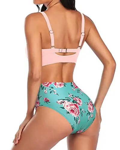 Teen Girls Two Piece Swimsuits Bathing Suits For Women Bikini-Green And Pink Floral