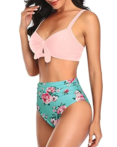 Teen Girls Two Piece Swimsuits Bathing Suits For Women Bikini-Green And Pink Floral