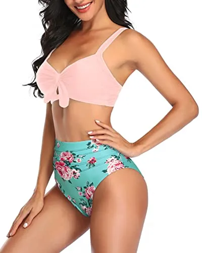 Teen Girls Two Piece Swimsuits Bathing Suits For Women Bikini-Green And Pink Floral