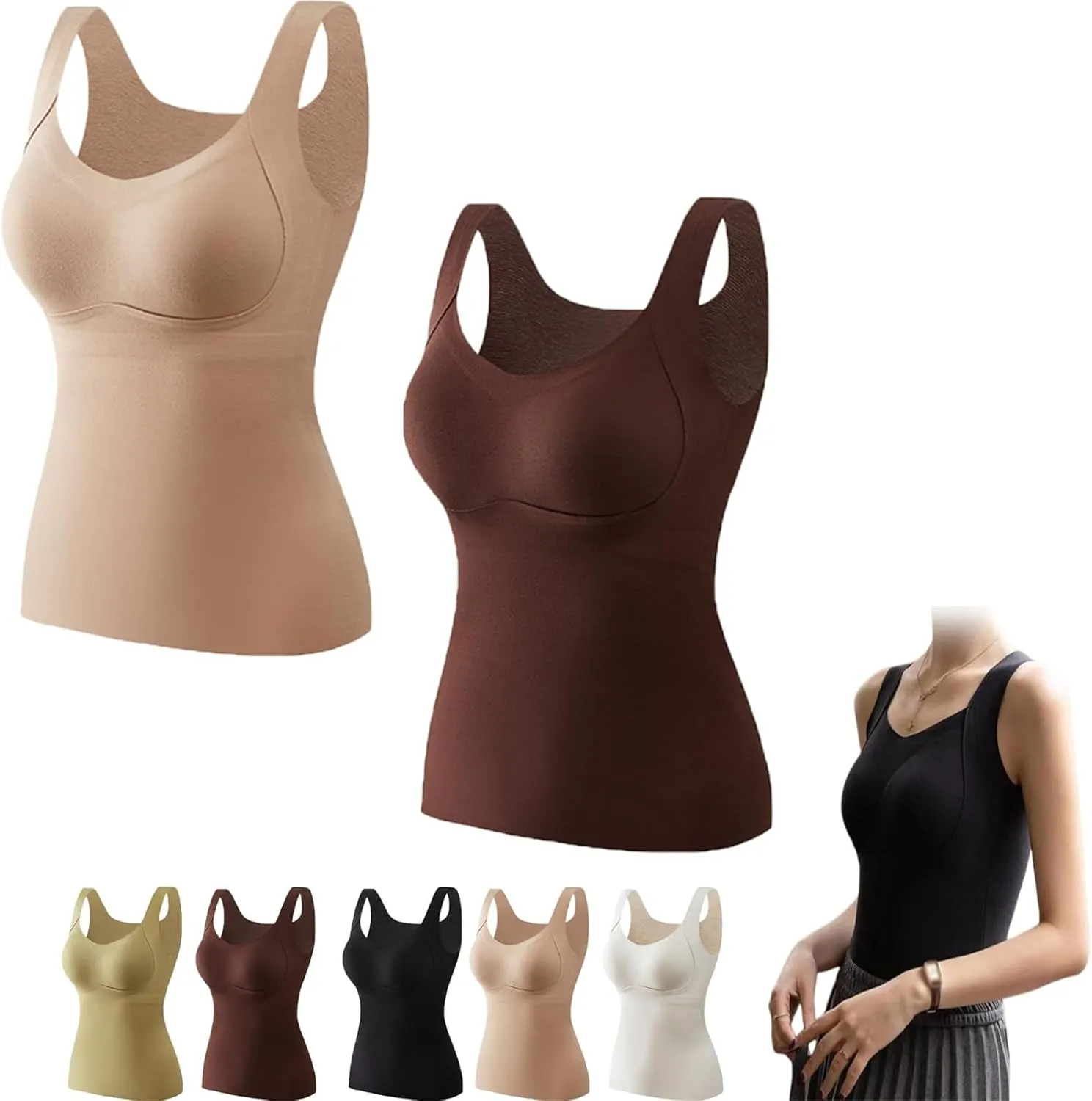 Thickened Warm Tank Top with Shelf Bra, 2024 Fall Winter Stretch Sleeveless Vest Casual Camisole Base Layer