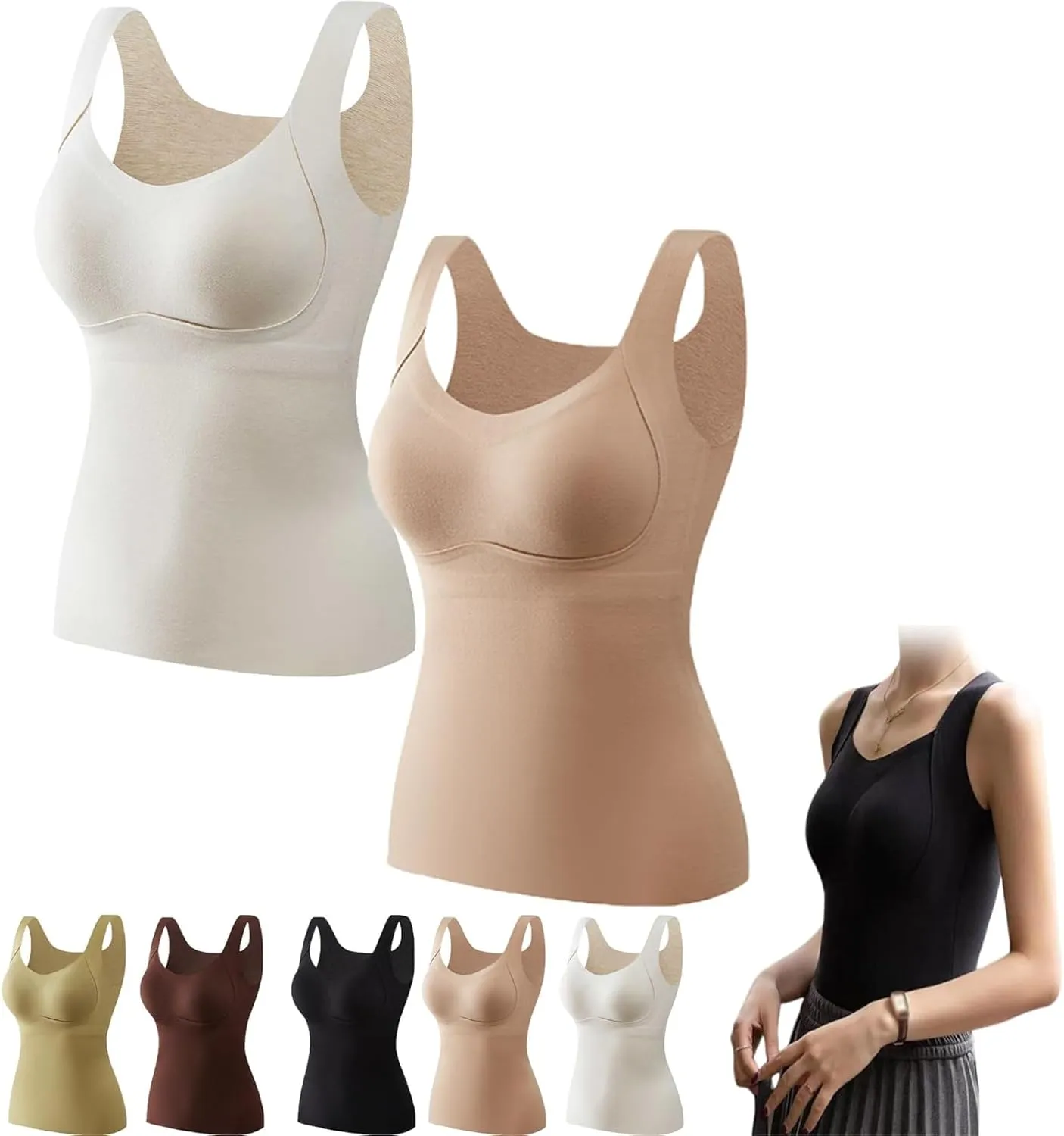 Thickened Warm Tank Top with Shelf Bra, 2024 Fall Winter Stretch Sleeveless Vest Casual Camisole Base Layer